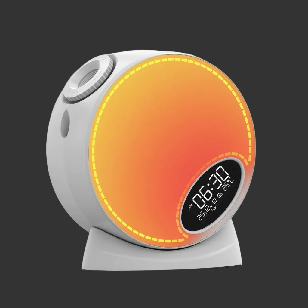 White and orange circular device with digital display on a white background